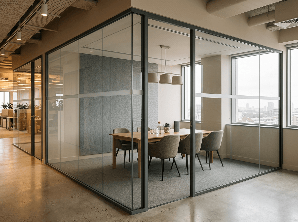 Quiet meeting room enclosed by double-glazed acoustic glass partitions with a frosted manifestation band