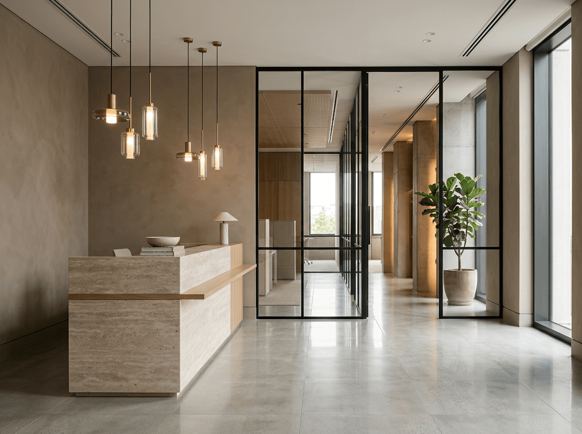 Commercial reception area with a full-height internal glazed screen and stone reception desk