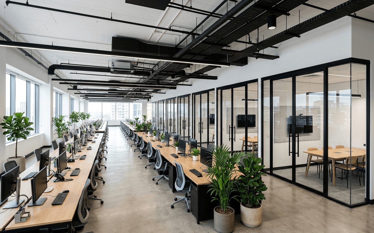 Open-plan workspace with a row of glazed meeting rooms along one side