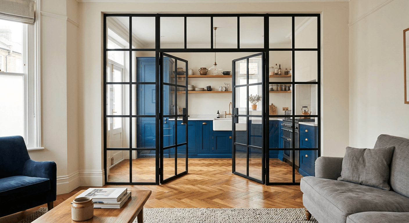 Black Crittall-style glazed room divider with double doors between a kitchen and living room in a London townhouse