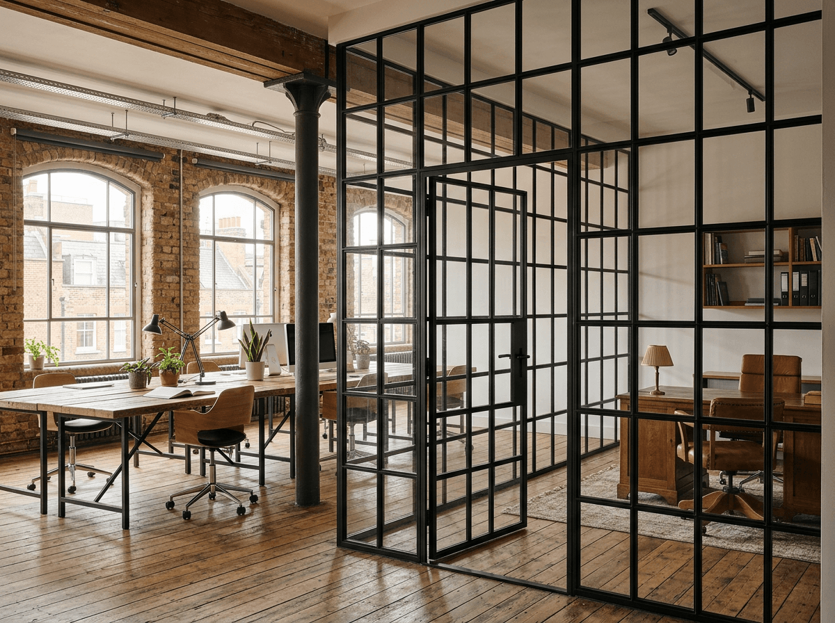 Crittall-style black steel glazed screen separating a private office in a warehouse conversion