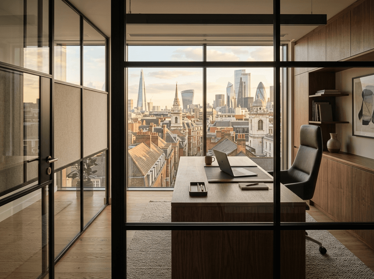 Executive office enclosed by black-framed glass partitions with a matching glass door