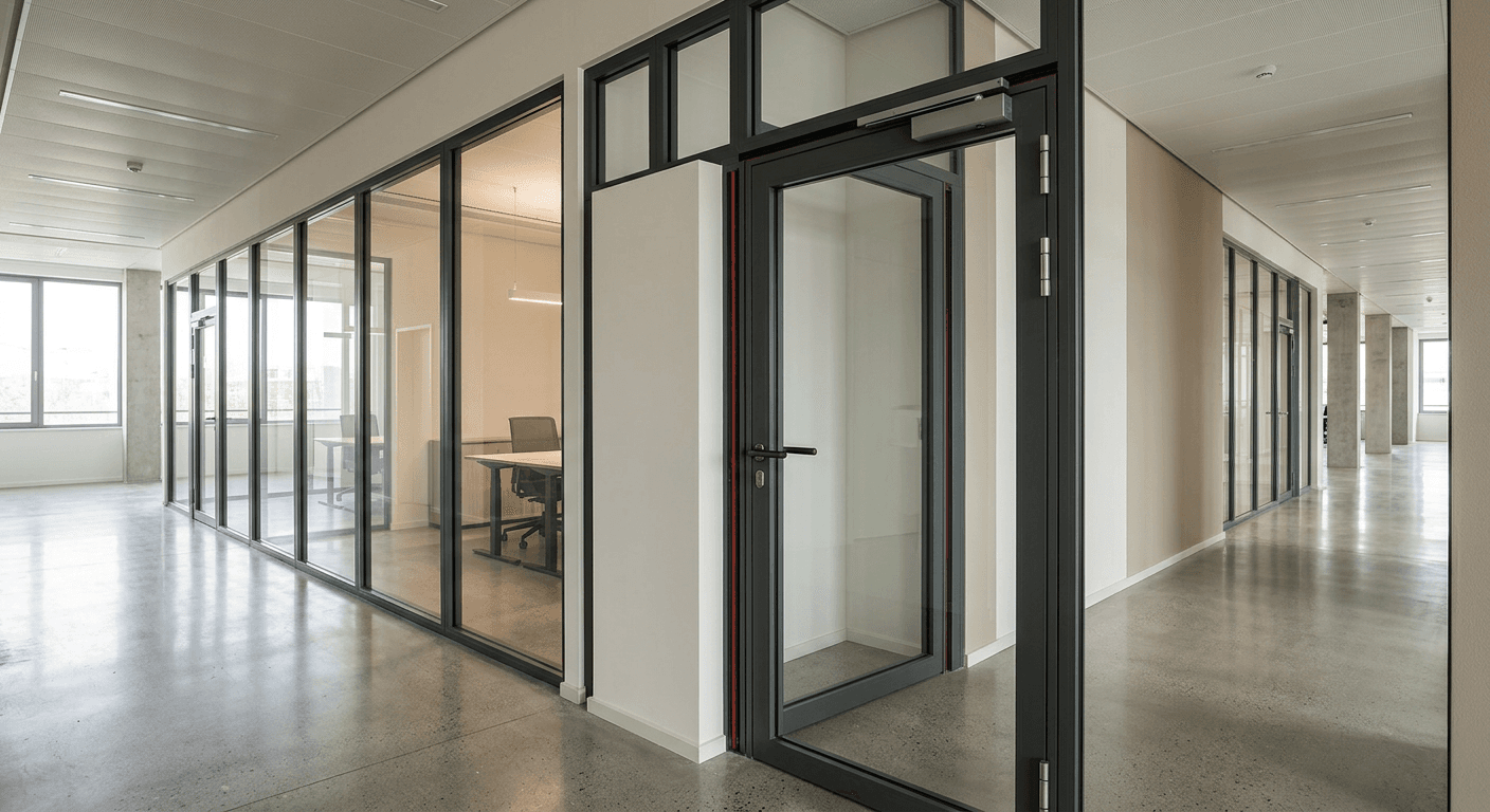 Fire-rated glazed screen and glass fire door with slim steel-look frames in an office corridor