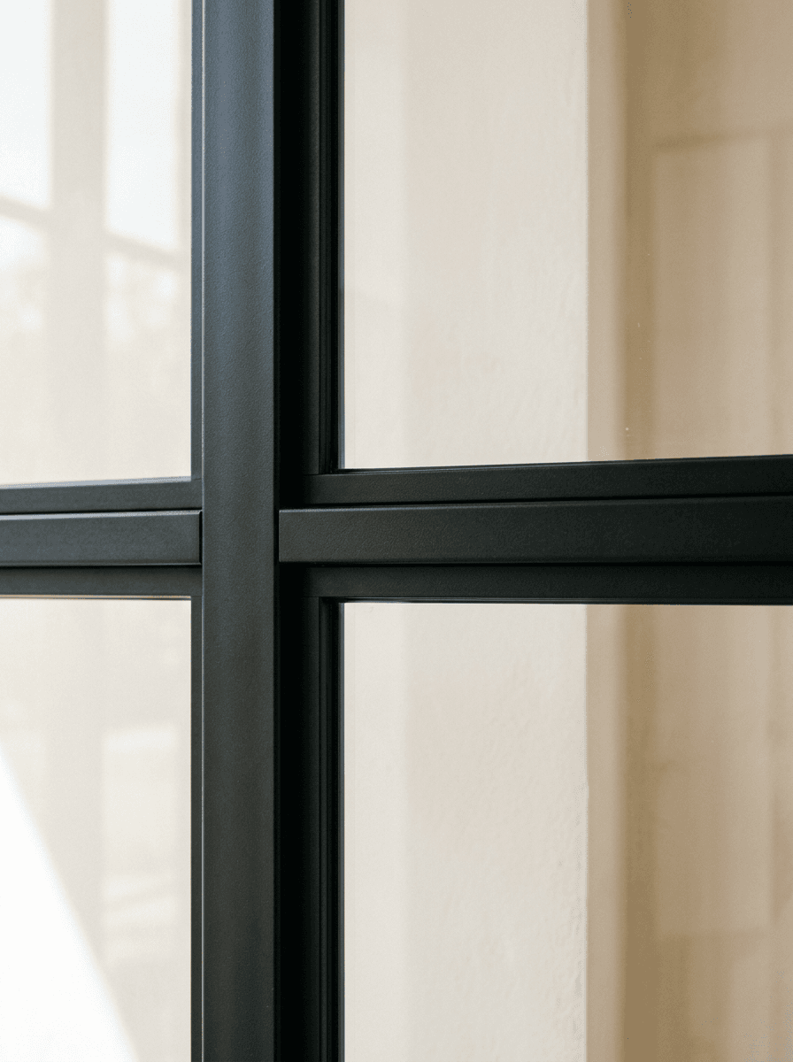 Close-up of a black powder-coated frame junction where a mullion meets a transom