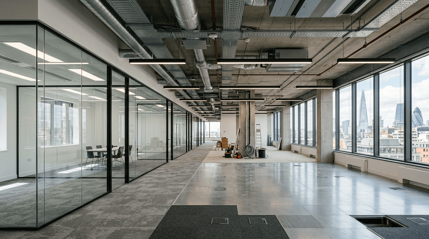Open-plan office floor with a long run of new double-glazed meeting room partitions during fit-out