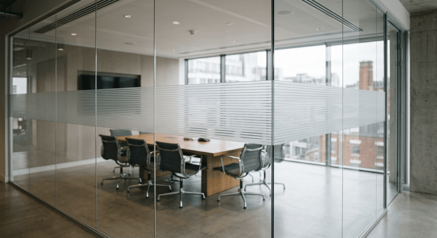 Frameless glass partition with a frosted line manifestation band at eye level in front of a meeting room