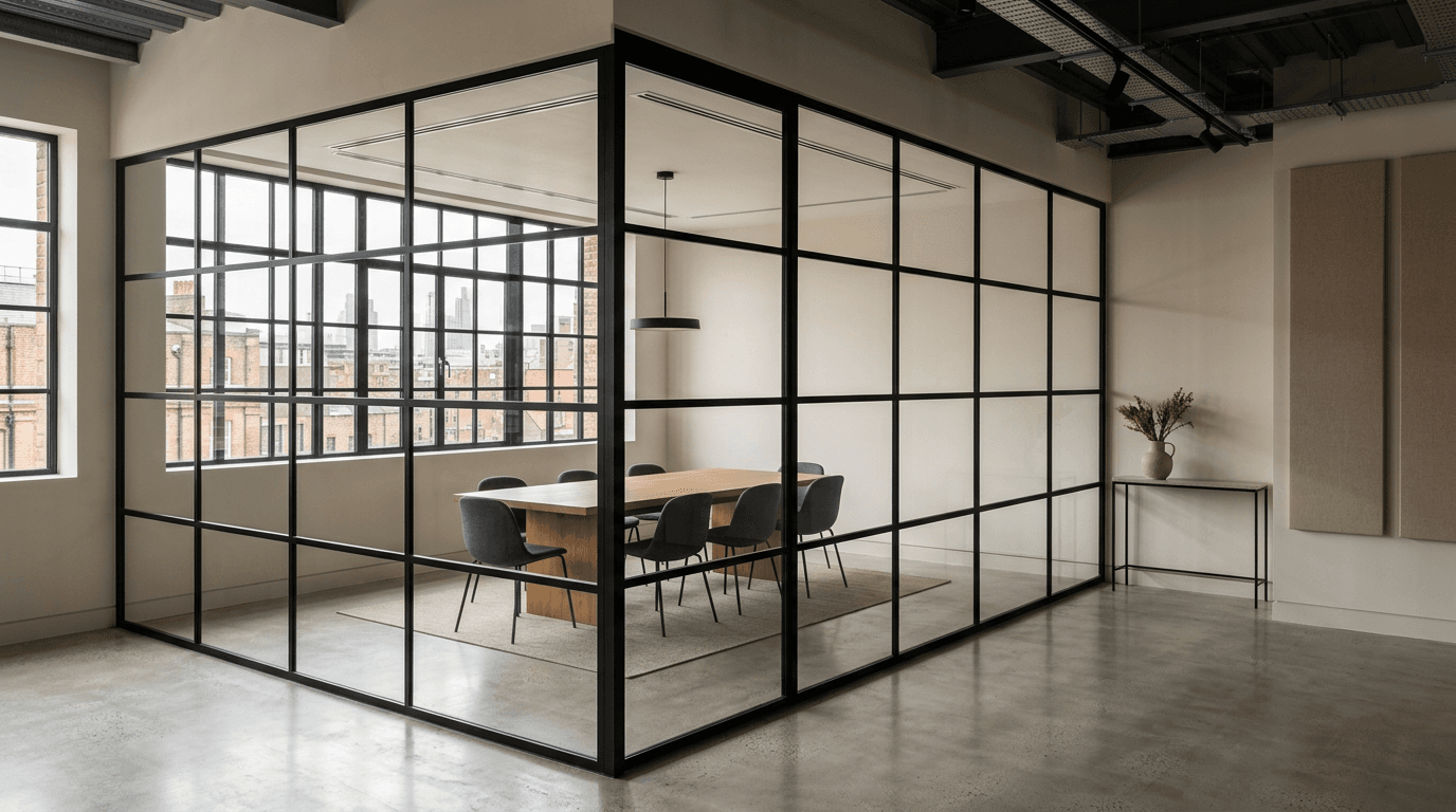 Black-framed glass partition forming a meeting room in a modern London office