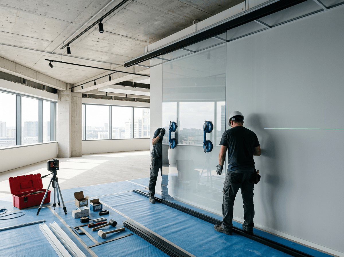 Glass partition installation in progress with head track fixed and a glass pane on suction lifters