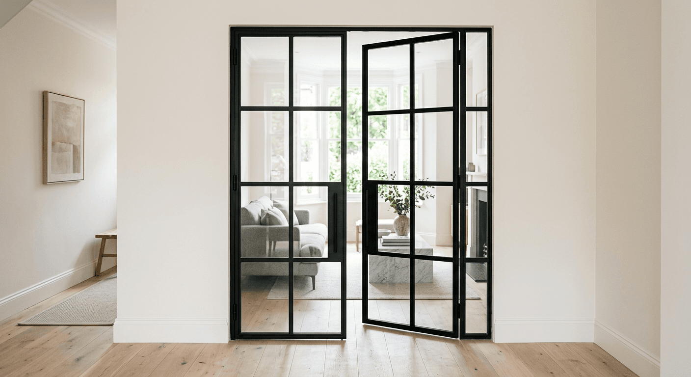 Black steel-framed glass double swing door with grid glazing in a bright interior